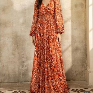 Elegant Orange Patterned Maxi Dress. New.